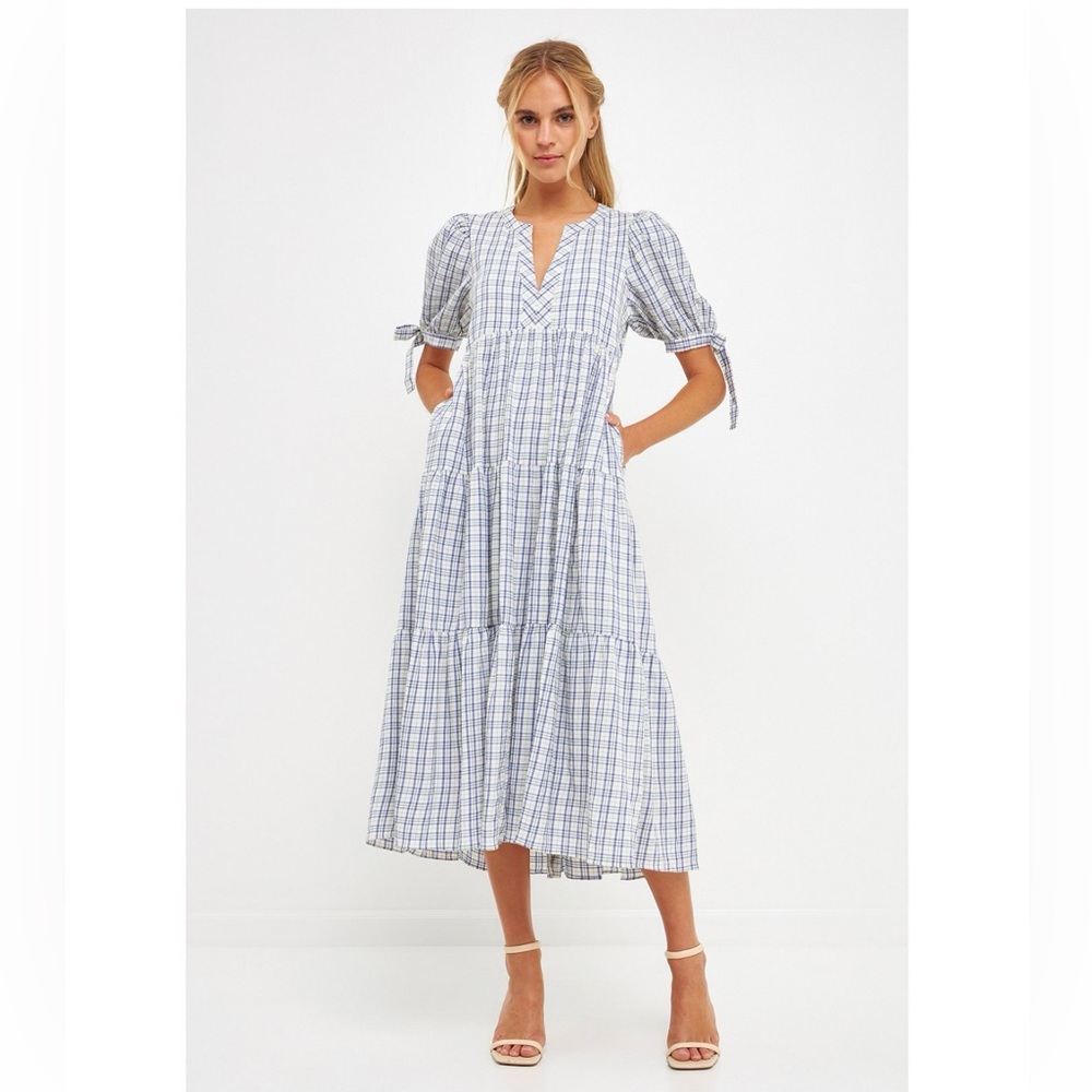 English Factory
Gingham Tiered Dress With BowTie Sleeves - Midi